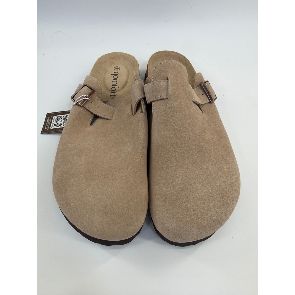 Qomfort Genuine Suede Clogs Taupe Beige Buckle Mules Mens 13 Womens 14 NEW